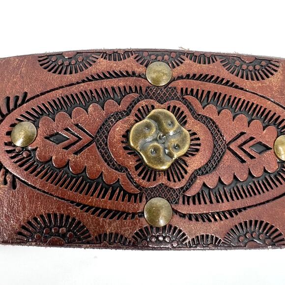 Vintage Fossil Tooled Leather Studded Brown Belt Size M/L - Picture 8 of 8